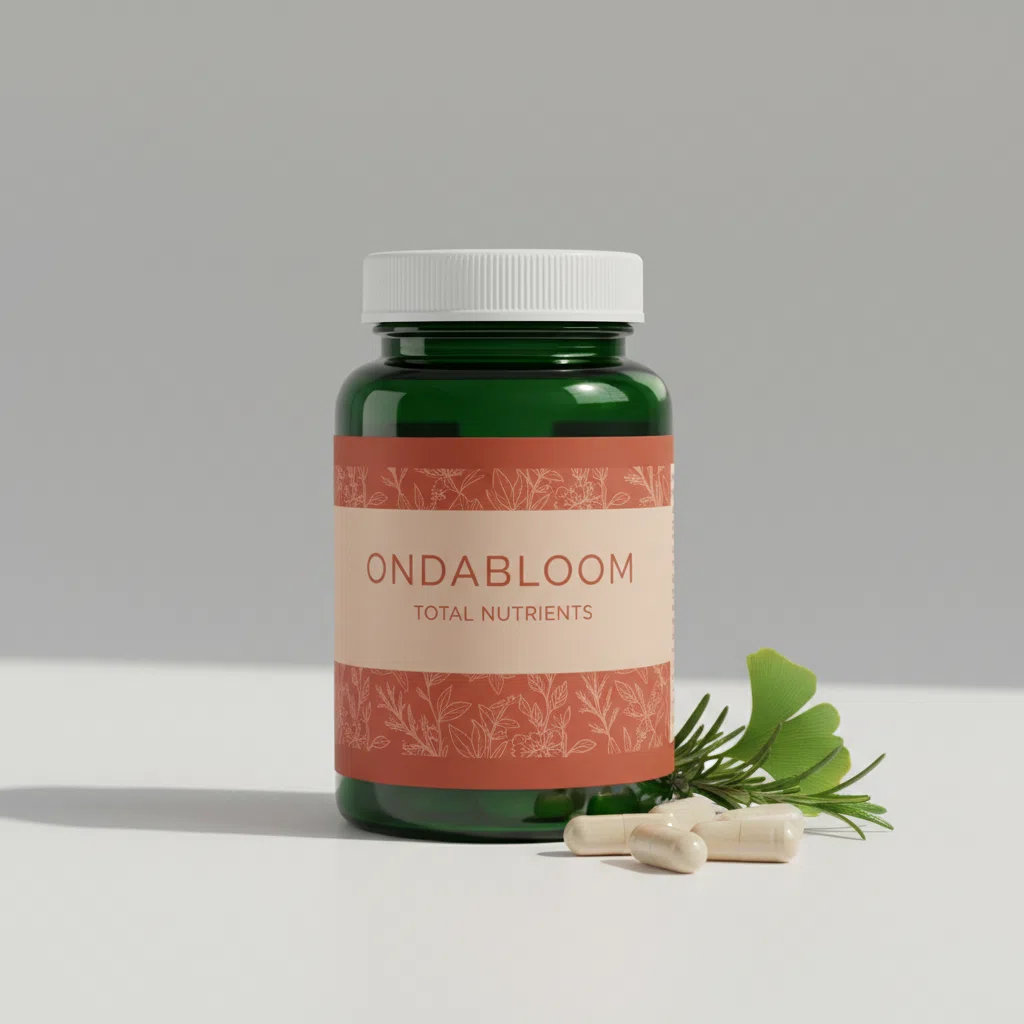 OndaBloom Total Nutrients dark green glass supplement jar with silver lid and branded label